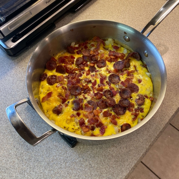 Cheesy Bacon Sausage And Egg Hash Brown Skillet Recipe Easy Cook Find 