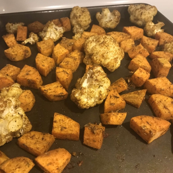 Roasted Curry-Spiced Sweet Potatoes and Cauliflower