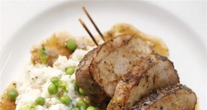 Chevre Mashed Potatoes with Peas and Grilled Pork Tenderloin