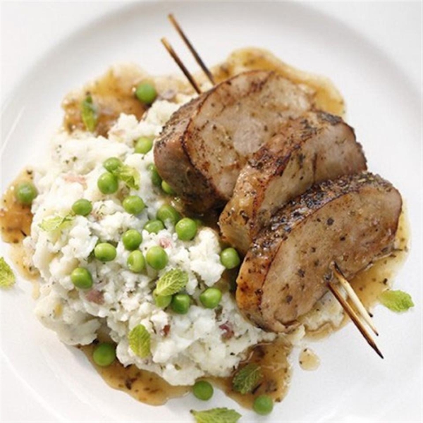 Chevre Mashed Potatoes with Peas and Grilled Pork Tenderloin