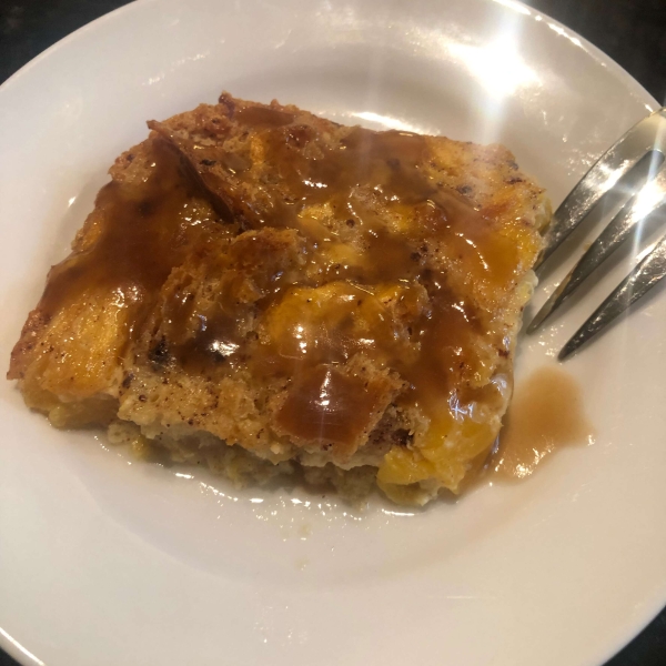 Peachy Bread Pudding with Caramel Sauce