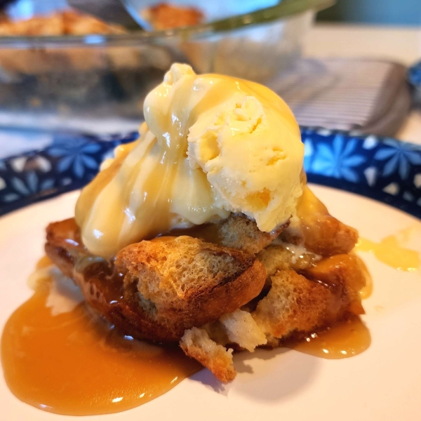 Peachy Bread Pudding with Caramel Sauce