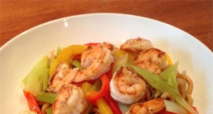 Prawns and Vegetables Over Pan-Fried Udon Noodles