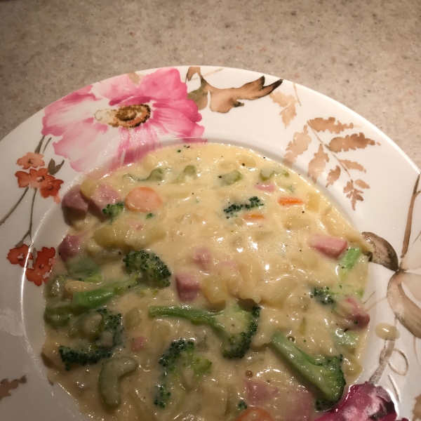 Potato, Ham, Broccoli and Cheese Soup with Baby Dumplings