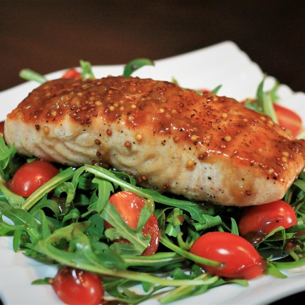 Apricot Mustard-Glazed Salmon with Arugula