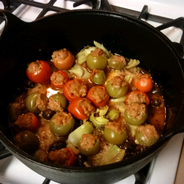 Spicy Mediterranean Chicken with Sausage-Stuffed Cherry Peppers