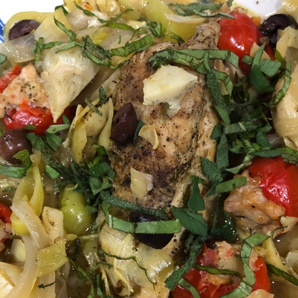 Spicy Mediterranean Chicken with Sausage-Stuffed Cherry Peppers