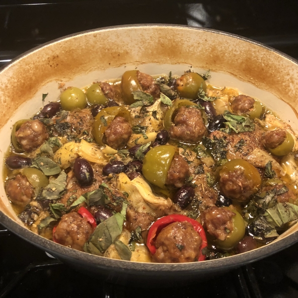 Spicy Mediterranean Chicken with Sausage-Stuffed Cherry Peppers