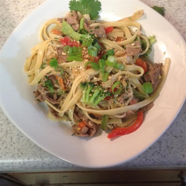 Asian Pasta Salad with Beef, Broccoli and Bean Sprouts