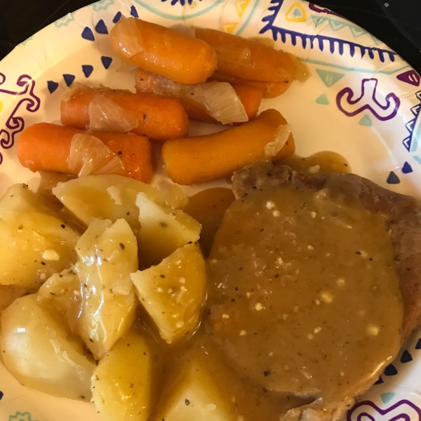 Pressure Cooker Bone-In Pork Chops, Baked Potatoes, and Carrots