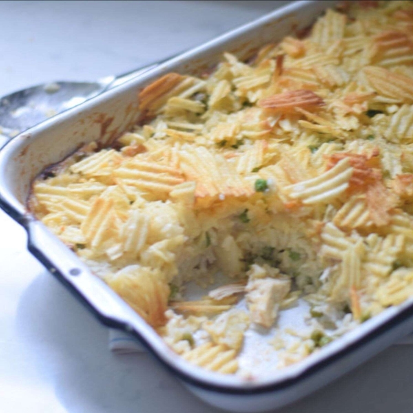 Chicken and Rice Casserole with Potato Chip Topping