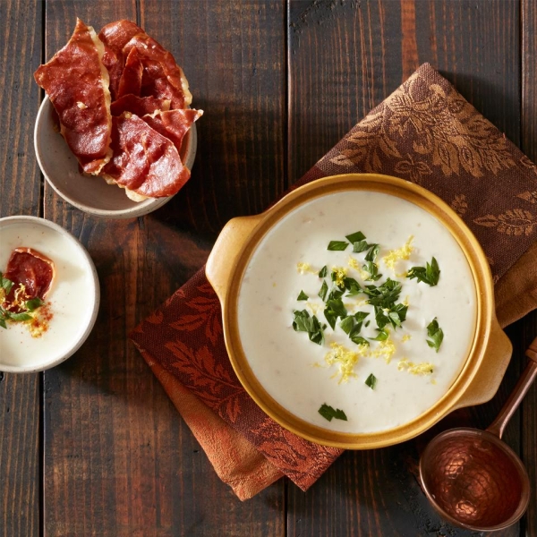 Garlic Soup with Crispy Prosciutto