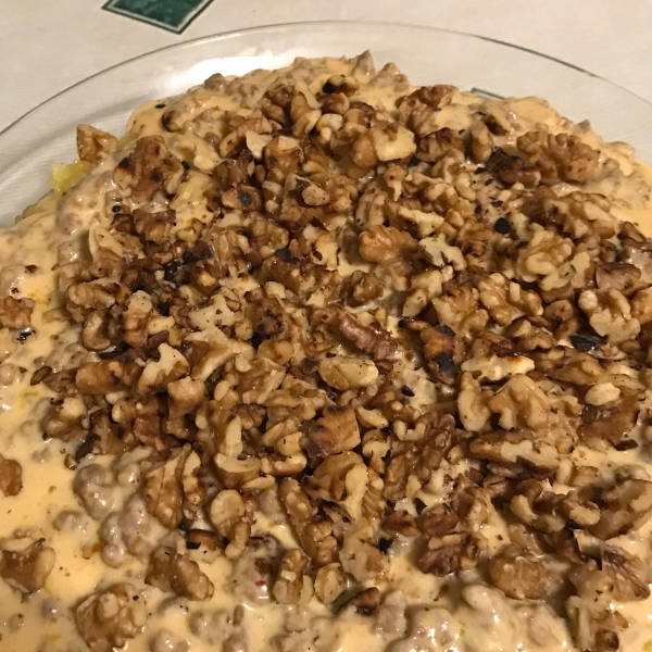 Spaghetti Squash Alfredo with Sausage and Walnuts