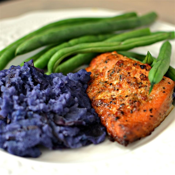 Carrie's Salmon with Purple Pureed Potatoes and French Green Beans