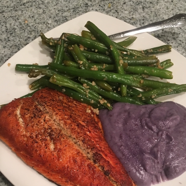 Carrie's Salmon with Purple Pureed Potatoes and French Green Beans