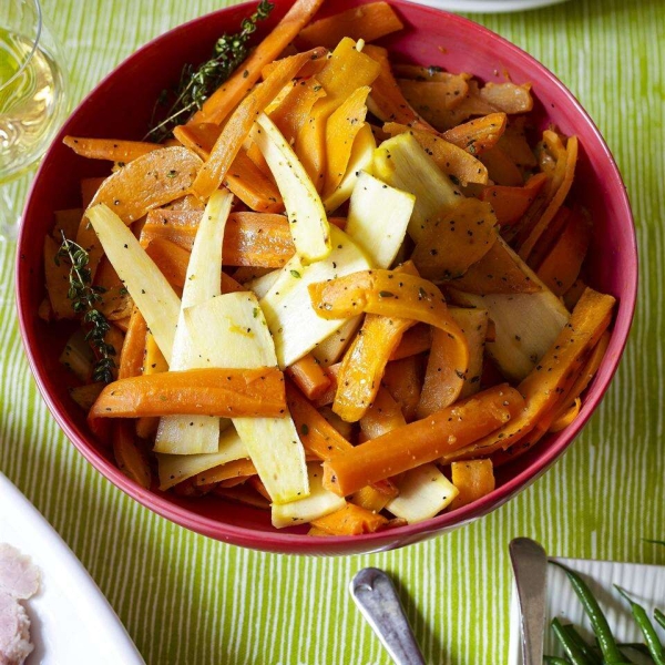 Roasted Sweet Potatoes and Vegetables With Thyme and Maple Syrup