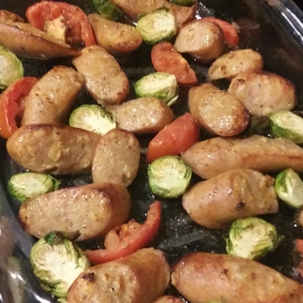 Sheet Pan Keto Chicken Sausage with Roasted Brussels Sprouts and Tomatoes