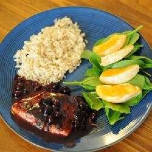 Grilled Salmon Steaks with Savory Blueberry Sauce