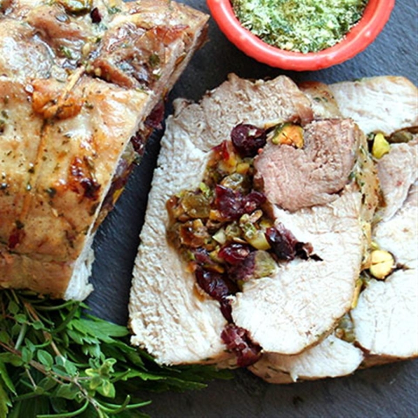 Herb Salted Pork Loin with Dried Fruit & Pistachio Stuffing