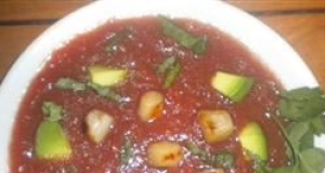 Chilled Tomato Soup with Seared Scallops, Avocado, and Ripped Basil