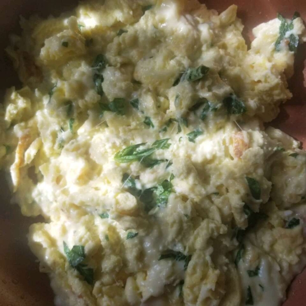 Creamy Cheesy Scrambled Eggs with Basil