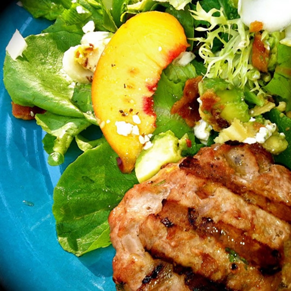 Peachy Turkey Burger over Greens with Endive, Bacon, Avocado, and Gorgonzola