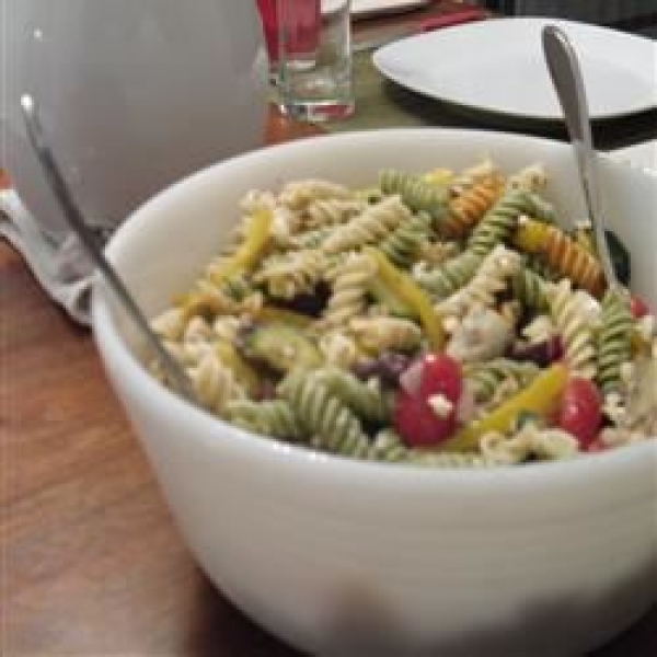 Greek Pasta Salad with Shrimp, Tomatoes, Zucchini, Peppers, and Feta