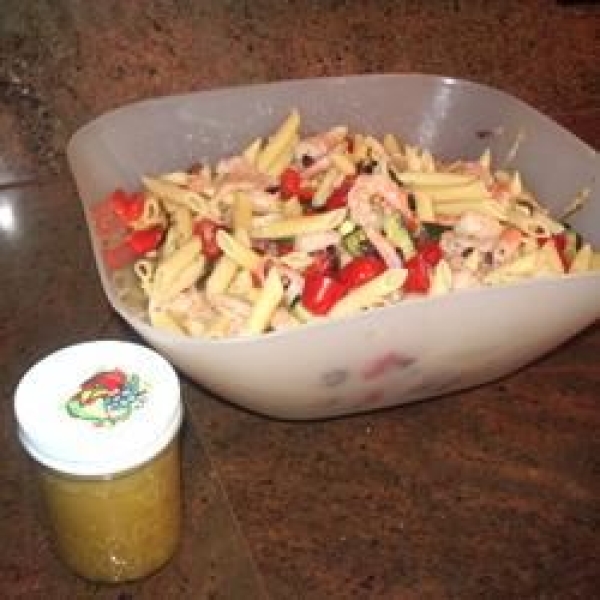 Greek Pasta Salad with Shrimp, Tomatoes, Zucchini, Peppers, and Feta