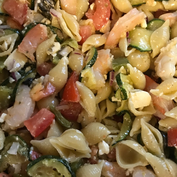 Greek Pasta Salad with Shrimp, Tomatoes, Zucchini, Peppers, and Feta