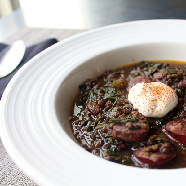 Black Lentil Stew with Sausage and Kale