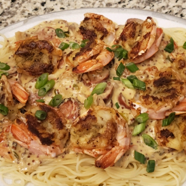 Shrimp and Andouille Sausage with Mustard Sauce