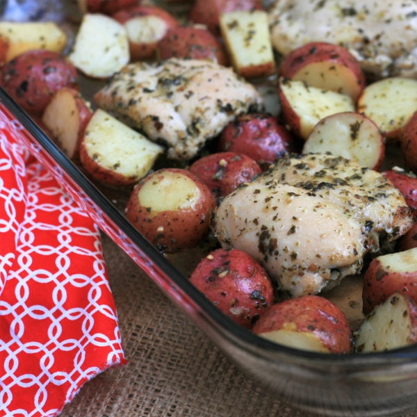 Baked Pesto Chicken Thighs and Potatoes