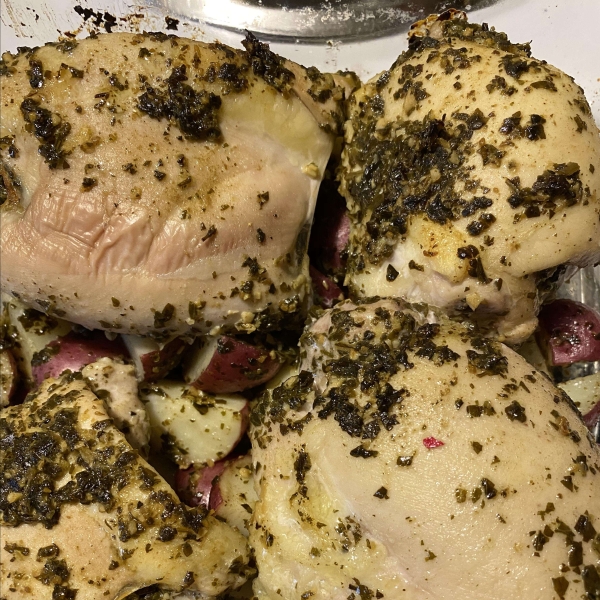Baked Pesto Chicken Thighs and Potatoes