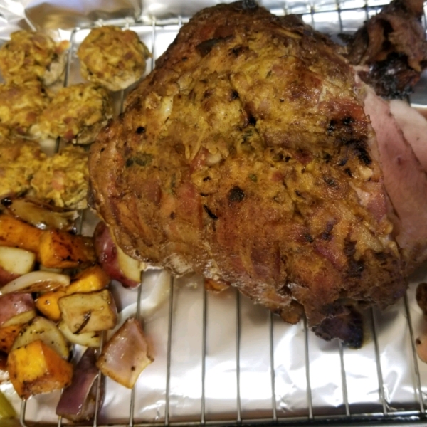 Bacon Mustard Pork Roast with Stuffed Mushroom Caps