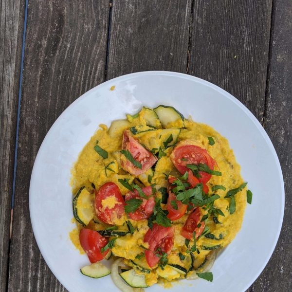Zucchini with Pumpkin Blossom Cream Sauce and Tomatoes