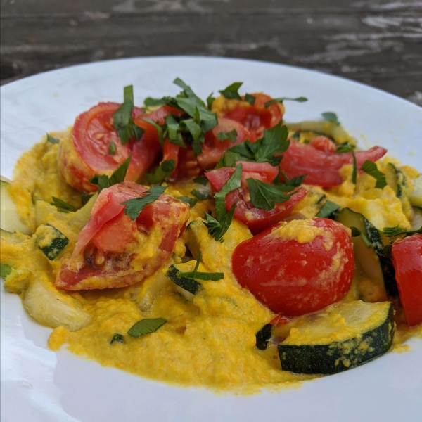 Zucchini with Pumpkin Blossom Cream Sauce and Tomatoes