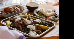 Roast Greek Lamb with Tzatziki, Roasted Vegetables, and Greek Salad