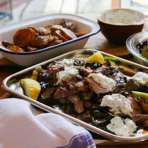 Roast Greek Lamb with Tzatziki, Roasted Vegetables, and Greek Salad