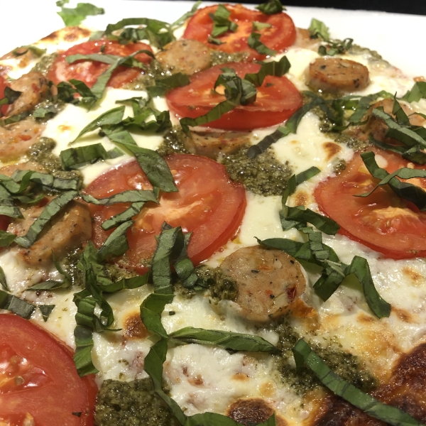 Margherita Pizza with Sausage and Pesto