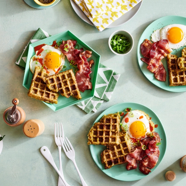 Broccoli & Cheese Veggie Tots Waffles with Bacon and Eggs