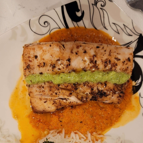 Grilled Mahi Mahi with Roasted Pepper Sauce and Cilantro Pesto