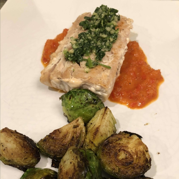 Grilled Mahi Mahi with Roasted Pepper Sauce and Cilantro Pesto