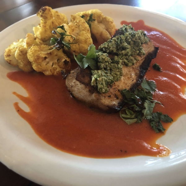 Grilled Mahi Mahi with Roasted Pepper Sauce and Cilantro Pesto