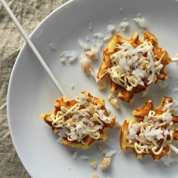 Mini Waffle Pops with White Chocolate, Coconut, and Candied Ginger