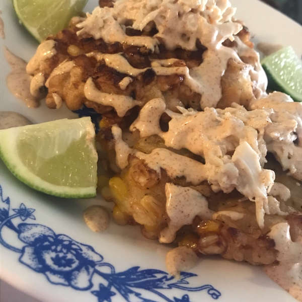 Crispy Fresh Corn Fritters with Crab and Chipotle Lime Dressing