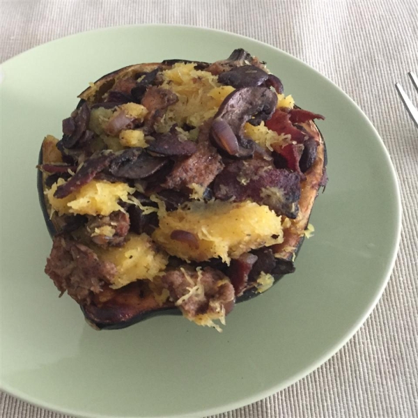 Stuffed Acorn Squash with Mushroom and Turkey Bacon Stuffing