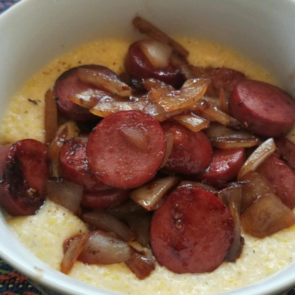 Raspberry Kielbasa over Cheese Grits