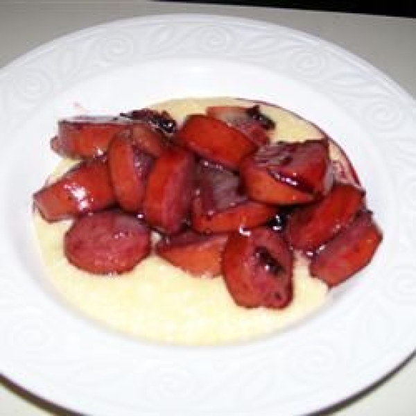 Raspberry Kielbasa over Cheese Grits