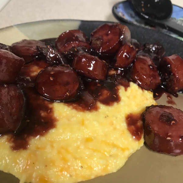 Raspberry Kielbasa over Cheese Grits