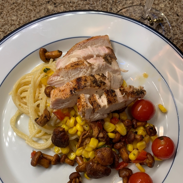 Grilled Halibut Steaks with Corn and Chanterelles